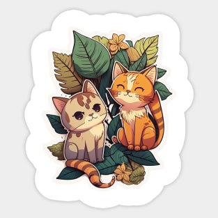 Two Adorable Cats Relaxing in the Leaves Sticker